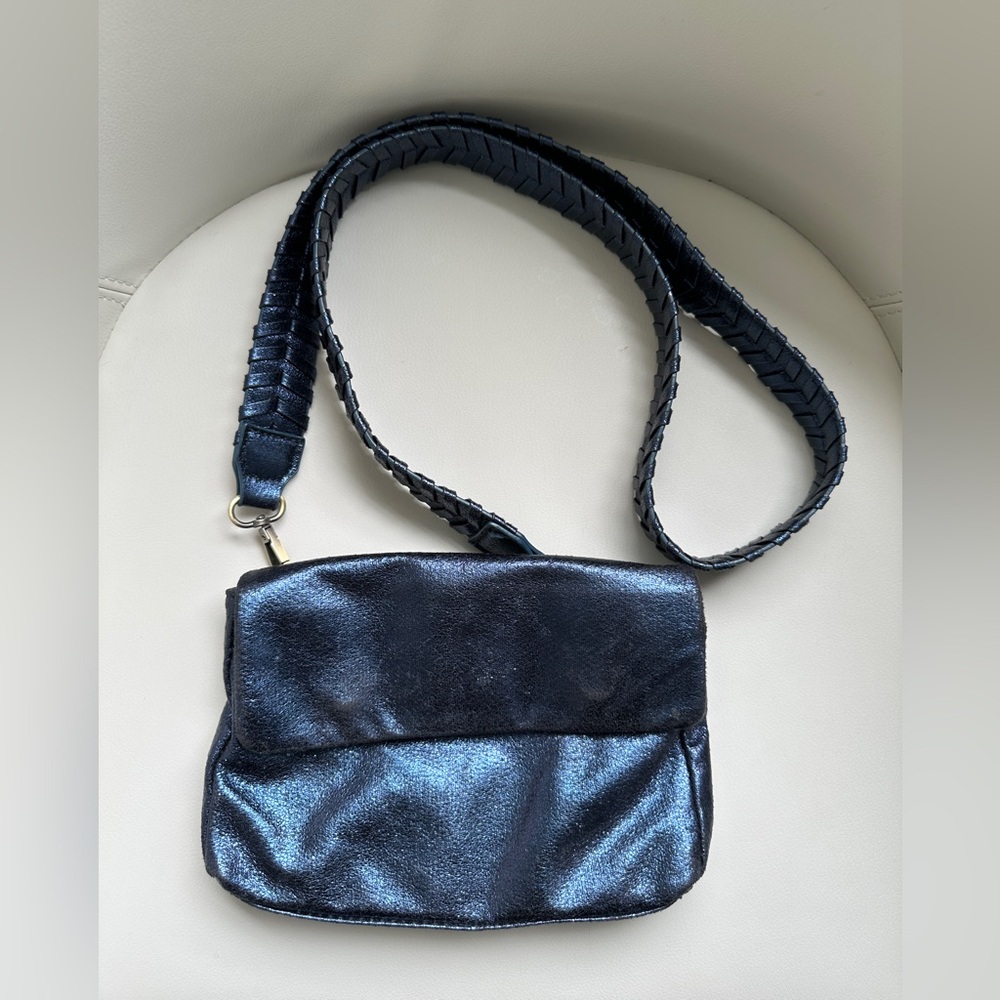 Anthropologie Blue Metallic Envelope Crossbody Going Out Braided Strap Purse Bag